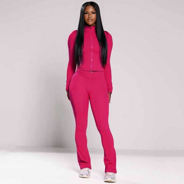 Casual Tight Long Sleeve Zipper High Neck Flared Two Piece