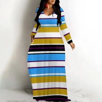 1 Piece Custom Casual Printed Striped V Neck Maxi Dresses