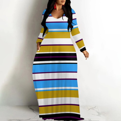 1 Piece Custom Casual Printed Striped V Neck Maxi Dresses