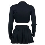 Basic O Neck Crop Top With Drawstring + A-Line Mini Skirt Set