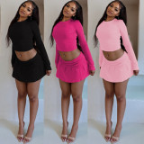 Basic O Neck Crop Top With Drawstring + A-Line Mini Skirt Set