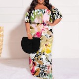 1 Piece Custom Printed Vintage Ruffle Plain Floral Printed Off Shoulder Maxi Dress