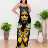 1 Piece Custom Casual Printed African Portrait Straps V Neck Maxi Dresses