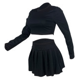 Basic O Neck Crop Top With Drawstring + A-Line Mini Skirt Set