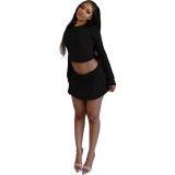 Basic O Neck Crop Top With Drawstring + A-Line Mini Skirt Set