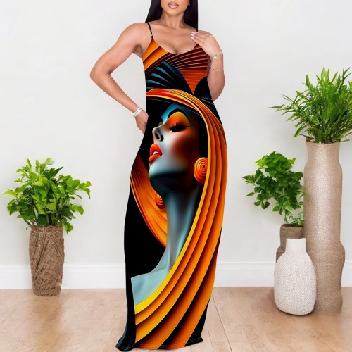 1 Piece Custom Casual Printed African Portrait Straps V Neck Maxi Dresses