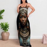 1 Piece Custom Casual Printed African Portrait Straps V Neck Maxi Dresses