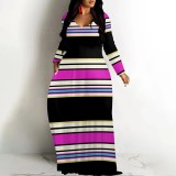 1 Piece Custom Casual Printed Striped V Neck Maxi Dresses