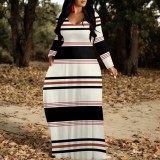 1 Piece Custom Casual Printed Striped V Neck Maxi Dresses