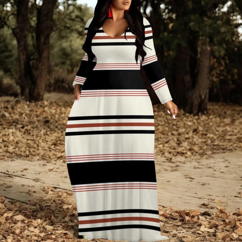 1 Piece Custom Casual Printed Striped V Neck Maxi Dresses