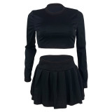 Basic O Neck Crop Top With Drawstring + A-Line Mini Skirt Set