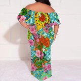 1 Piece Custom Printed Vintage Ruffle Plain Floral Printed Off Shoulder Maxi Dress