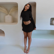 Basic O Neck Crop Top With Drawstring + A-Line Mini Skirt Set