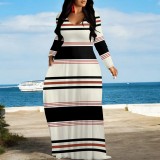 1 Piece Custom Casual Printed Striped V Neck Maxi Dresses