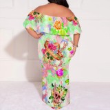 1 Piece Custom Printed Vintage Ruffle Plain Floral Printed Off Shoulder Maxi Dress