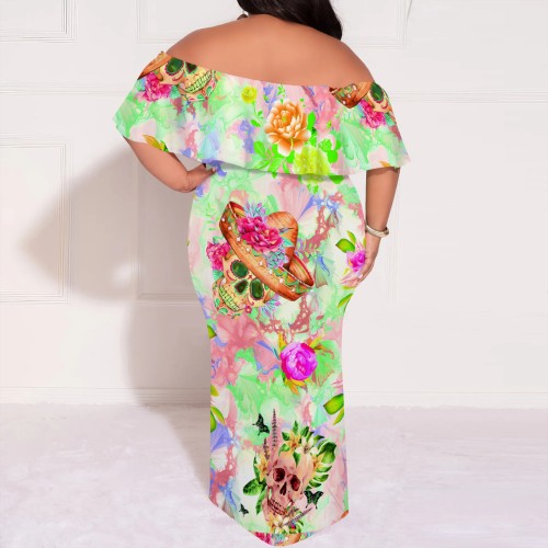 1 Piece Custom Printed Vintage Ruffle Plain Floral Printed Off Shoulder Maxi Dress