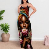 1 Piece Custom Casual Printed African Portrait Straps V Neck Maxi Dresses