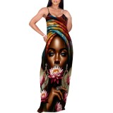 1 Piece Custom Casual Printed African Portrait Straps V Neck Maxi Dresses