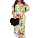 1 Piece Custom Printed Vintage Ruffle Plain Floral Printed Off Shoulder Maxi Dress