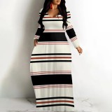 1 Piece Custom Casual Printed Striped V Neck Maxi Dresses