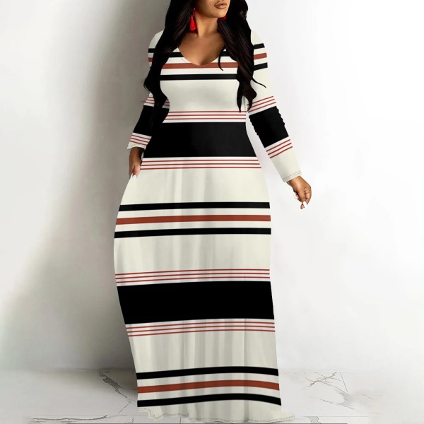 1 Piece Custom Casual Printed Striped V Neck Maxi Dresses