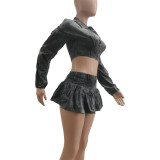Solid Color Acid-washed Distressed Skirt Set with Safety Pants
