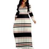 1 Piece Custom Casual Printed Striped V Neck Maxi Dresses