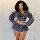 Solid Color Acid-washed Distressed Skirt Set with Safety Pants