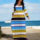 1 Piece Custom Casual Printed Striped V Neck Maxi Dresses