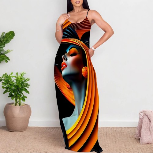 1 Piece Custom Casual Printed African Portrait Straps V Neck Maxi Dresses