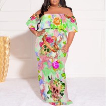 1 Piece Custom Printed Vintage Ruffle Plain Floral Printed Off Shoulder Maxi Dress