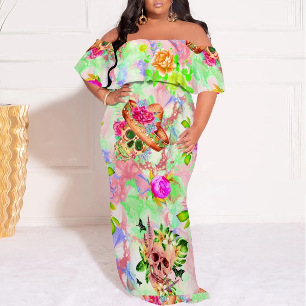 1 Piece Custom Printed Vintage Ruffle Plain Floral Printed Off Shoulder Maxi Dress