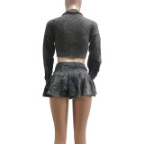 Solid Color Acid-washed Distressed Skirt Set with Safety Pants