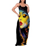 1 Piece Custom Casual Printed African Portrait Straps V Neck Maxi Dresses