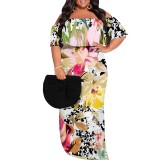 1 Piece Custom Printed Vintage Ruffle Plain Floral Printed Off Shoulder Maxi Dress