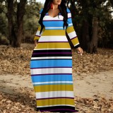 1 Piece Custom Casual Printed Striped V Neck Maxi Dresses