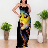 1 Piece Custom Casual Printed African Portrait Straps V Neck Maxi Dresses