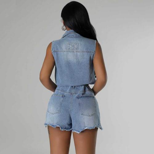 Casual High Elastic Washed Denim Short Jean Rompers with 4 Pockets