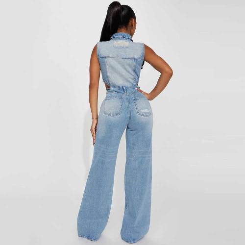 Casual High Elastic Washed Denim Sleeveless Hollow Jumpsuits
