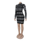 Casual Elastic Hot Drilling Long Sleeve Bodycon Dress