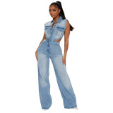 Casual High Elastic Washed Denim Sleeveless Hollow Jumpsuits