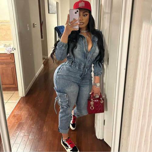 Fashion Washed High Elastic Zipper One Piece Jmpsuit
