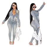 Casual Stretch Denim Zipper Pant Set