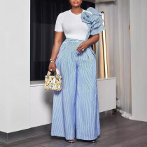 Solid Round Neck Contrast Color Floral Tee & Stripe Pants Set