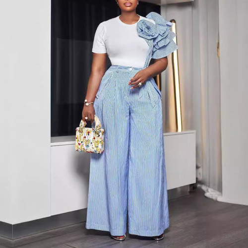 Solid Round Neck Contrast Color Floral Tee & Stripe Pants Set