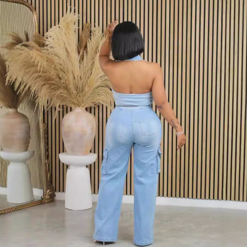 Stretch Washed Denim Halter Backless Straight Jumpsuit