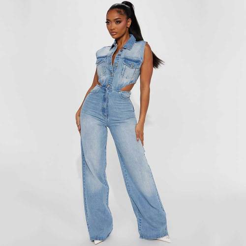 Casual High Elastic Washed Denim Sleeveless Hollow Jumpsuits