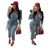 Fashion Washed High Elastic Zipper One Piece Jmpsuit