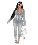 Casual Stretch Denim Zipper Pant Set