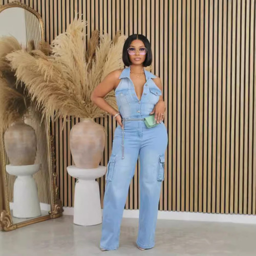 Stretch Washed Denim Halter Backless Straight Jumpsuit